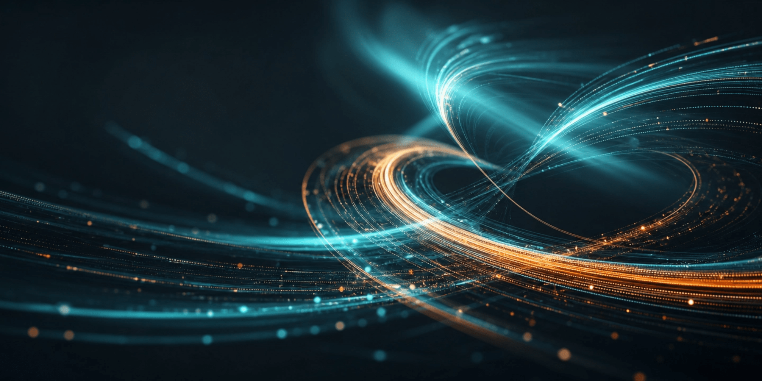 Abstract swirls of teal and orange light curving through a dark background.
