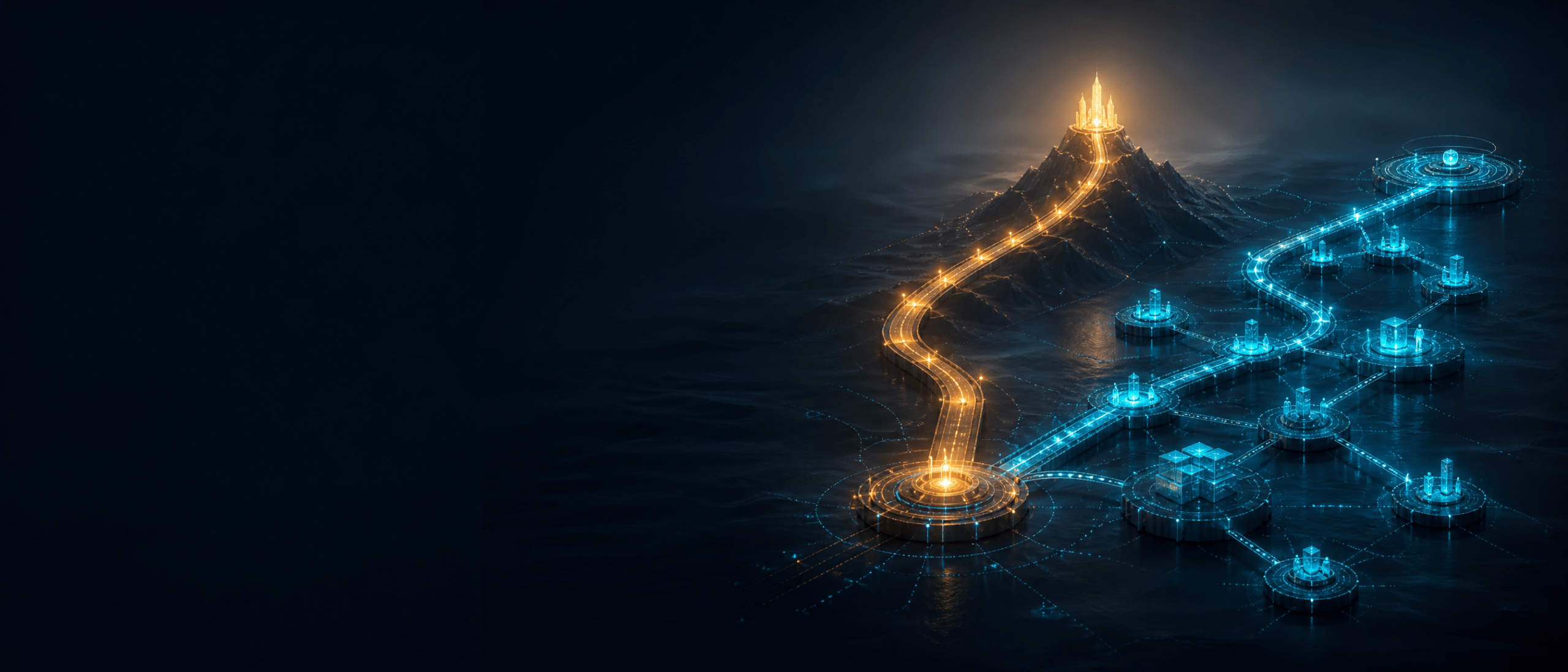 From one starting point, a glowing orange path climbs a mountain to a lit-up city at the summit, while a blue path branches off through a network of connected platforms. It shows two possible career routes.