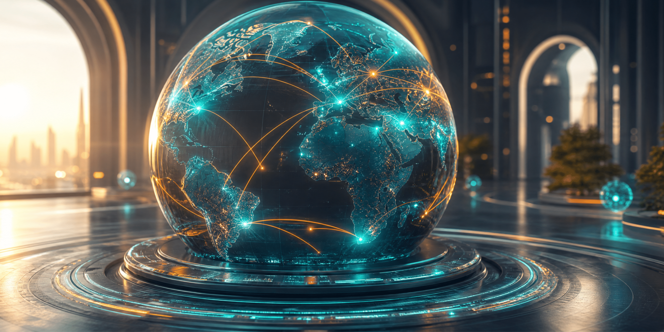 A glowing teal globe sits on a circular platform in a futuristic building with archways. Orange lines arc between lit-up cities across the Americas, Europe, Africa and Asia. A city skyline shows at sunset through the window.